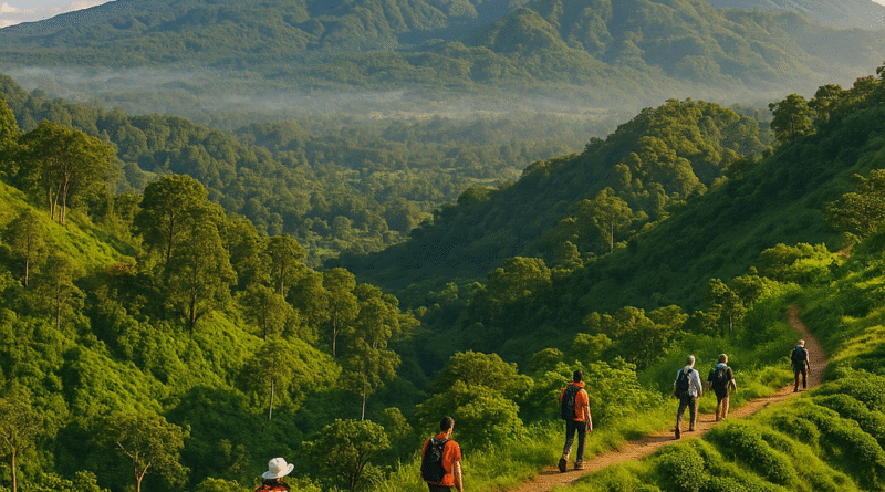 Pemandangan wisata petualangan di Magelang, Indonesia dengan latar belakang Gunung Merapi.