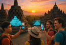 Pengunjung menggunakan teknologi untuk menikmati pengalaman wisata di Candi Borobudur, Magelang.