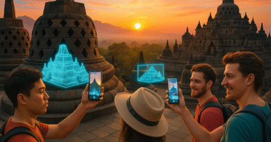Pengunjung menggunakan teknologi untuk menikmati pengalaman wisata di Candi Borobudur, Magelang.