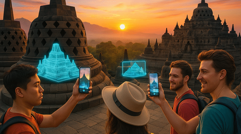 Pengunjung menggunakan teknologi untuk menikmati pengalaman wisata di Candi Borobudur, Magelang.