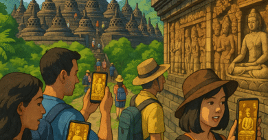 Candi Borobudur di Magelang dengan Augmented Reality dan pengunjung yang terlibat