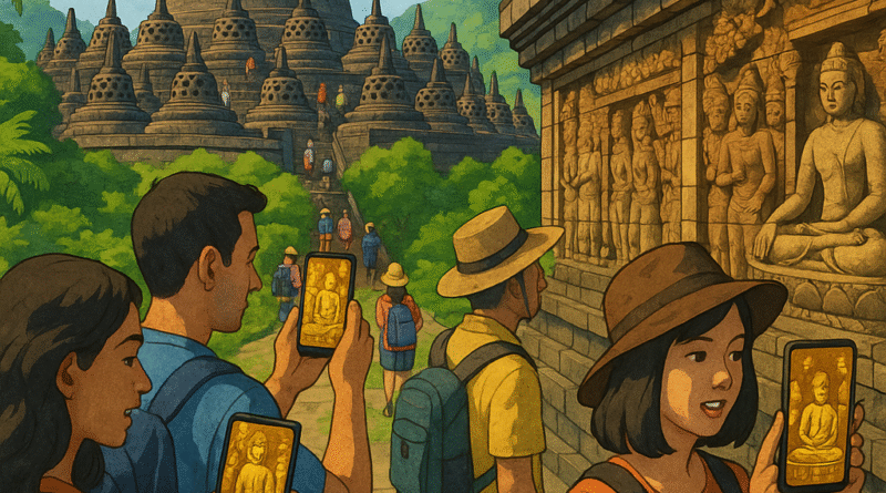 Candi Borobudur di Magelang dengan Augmented Reality dan pengunjung yang terlibat