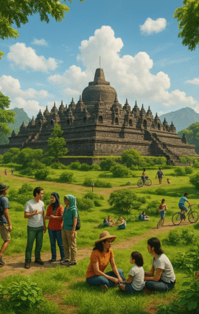 Pemandangan Candi Borobudur, simbol wisata Magelang yang mengintegrasikan lingkungan dan komunitas.